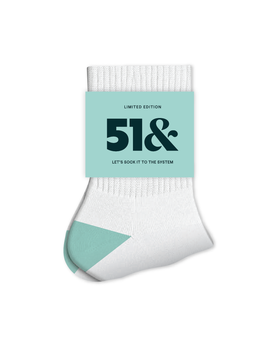 White sock with a teal label featuring the text '51&' on a white background